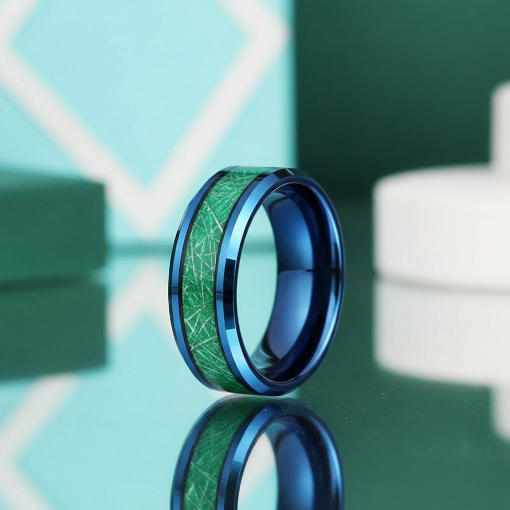 Beveled Edge Blue & Green Tungsten Men's Wedding Band-Evani Jewelry
