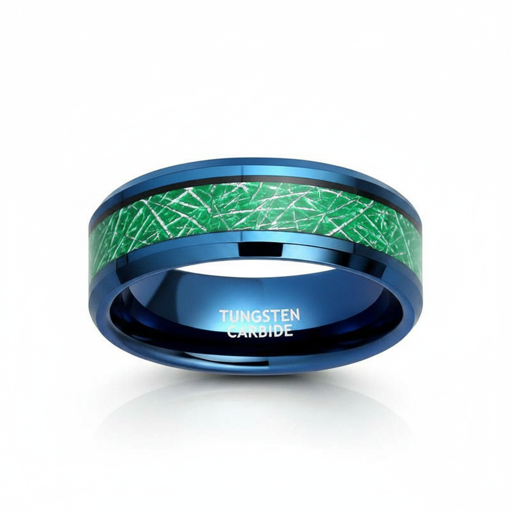Beveled Edge Blue & Green Tungsten Men's Wedding Band - Evani Naomi Jewelry