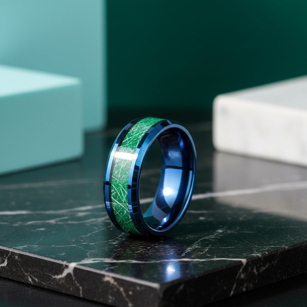 Beveled Edge Blue & Green Tungsten Men's Wedding Band-Evani Jewelry