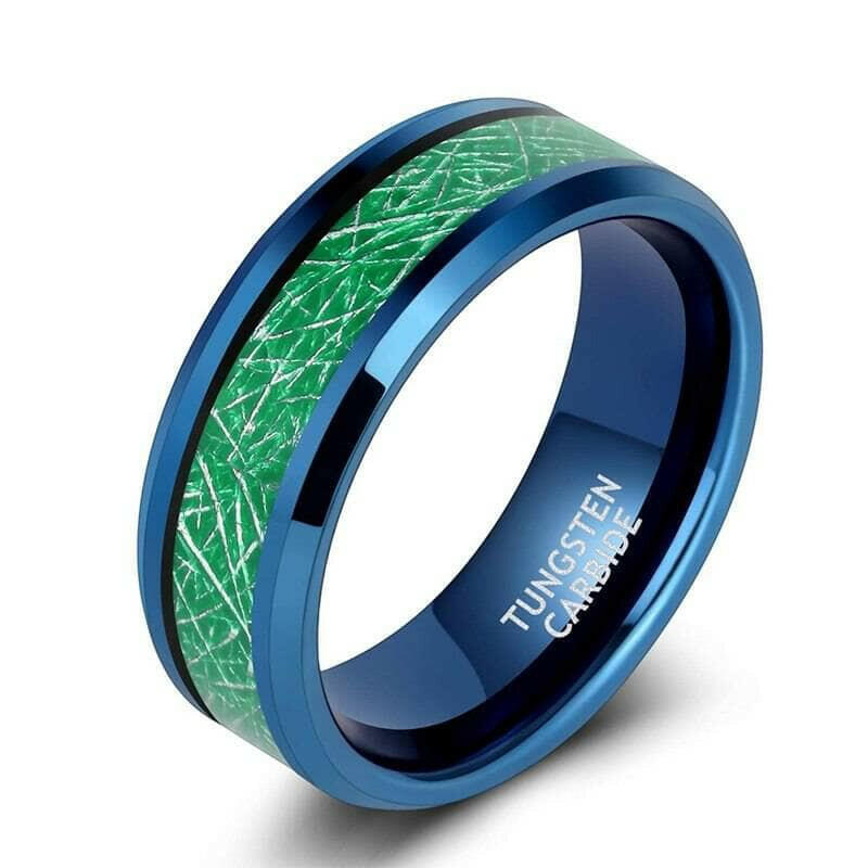 Beveled Edge Blue & Green Tungsten Men's Wedding Band-Evani Naomi Jewelry