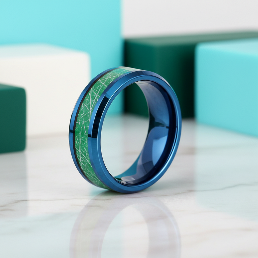 Beveled Edge Blue & Green Tungsten Men's Wedding Band - Evani Naomi Jewelry
