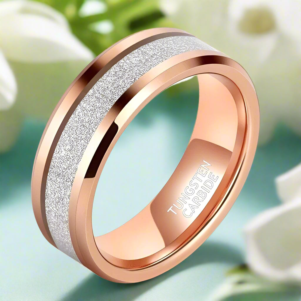 Beveled Edge Rose Gold Matte Tungsten Men's Wedding Band-Evani Naomi Jewelry