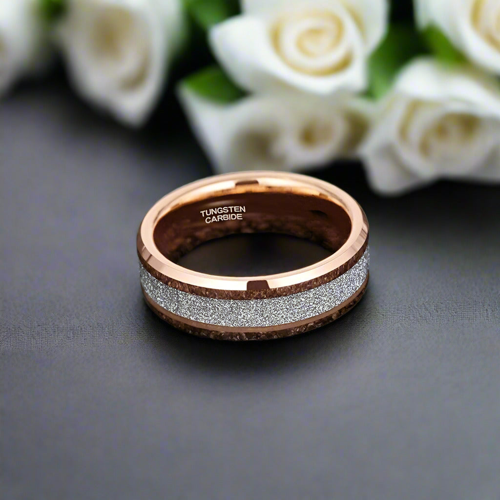 Beveled Edge Rose Gold Matte Tungsten Men's Wedding Band-Evani Naomi Jewelry