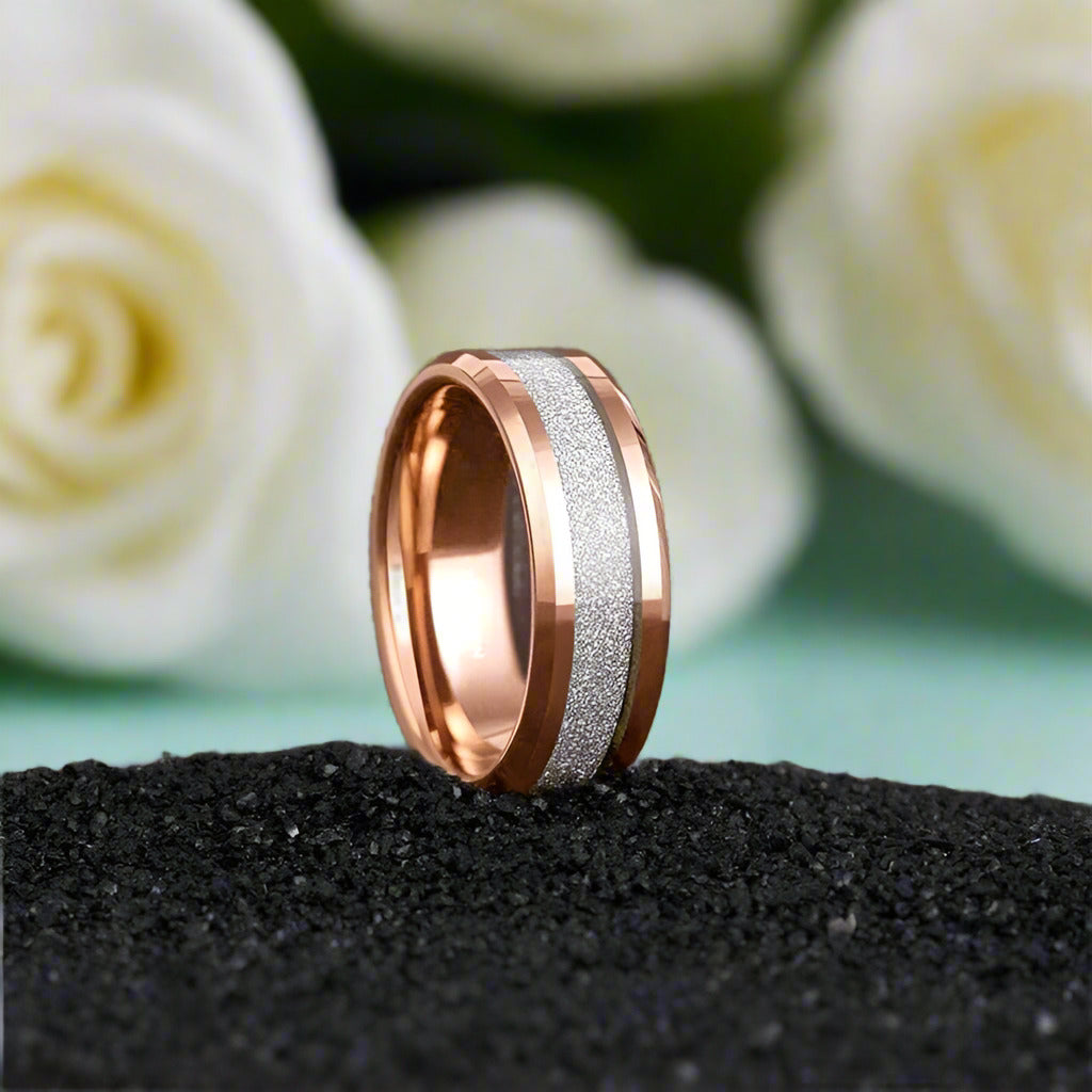 Beveled Edge Rose Gold Matte Tungsten Men's Wedding Band-Evani Naomi Jewelry