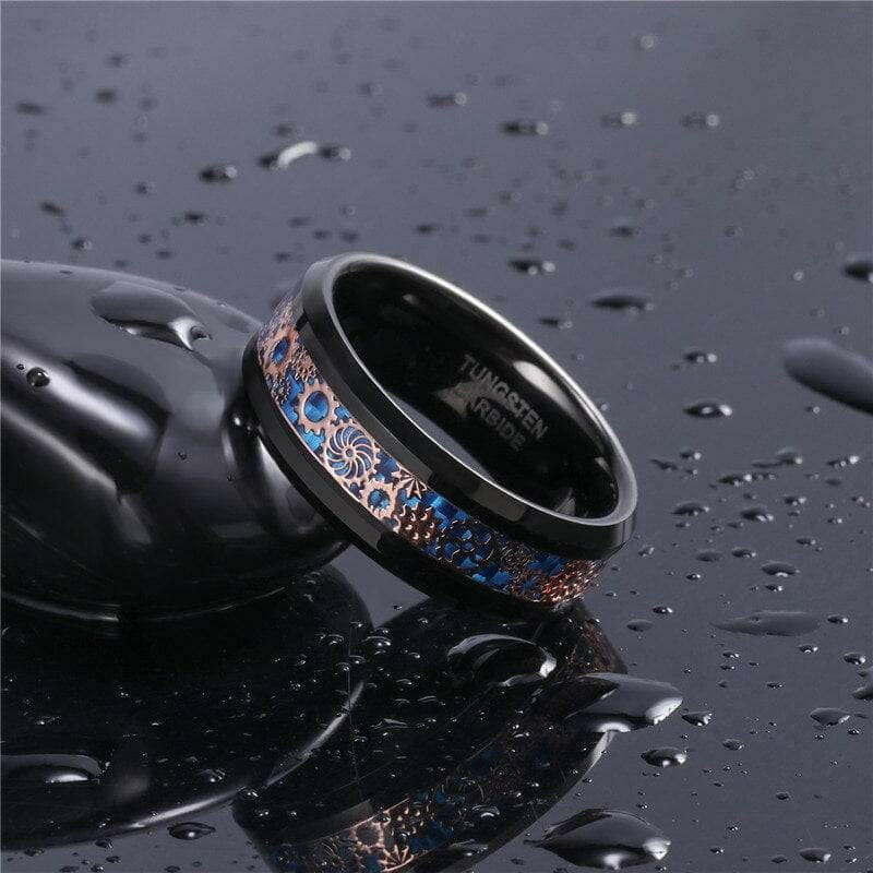 Beveled Edge Tungsten Men's Wedding Band with Gear Inlay-Evani Naomi Jewelry