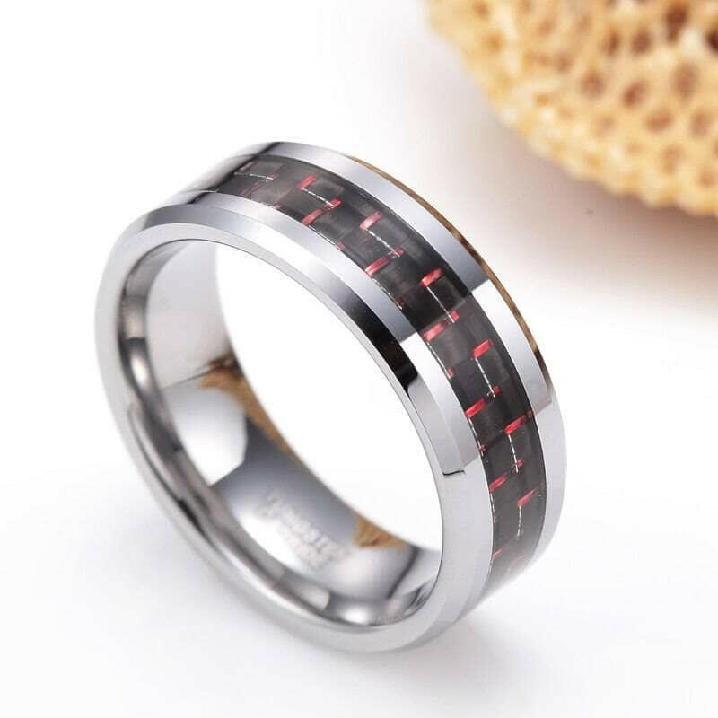 Beveled Edge Tungsten Men's Wedding Band with Woven Pattern Inlay-Evani Jewelry