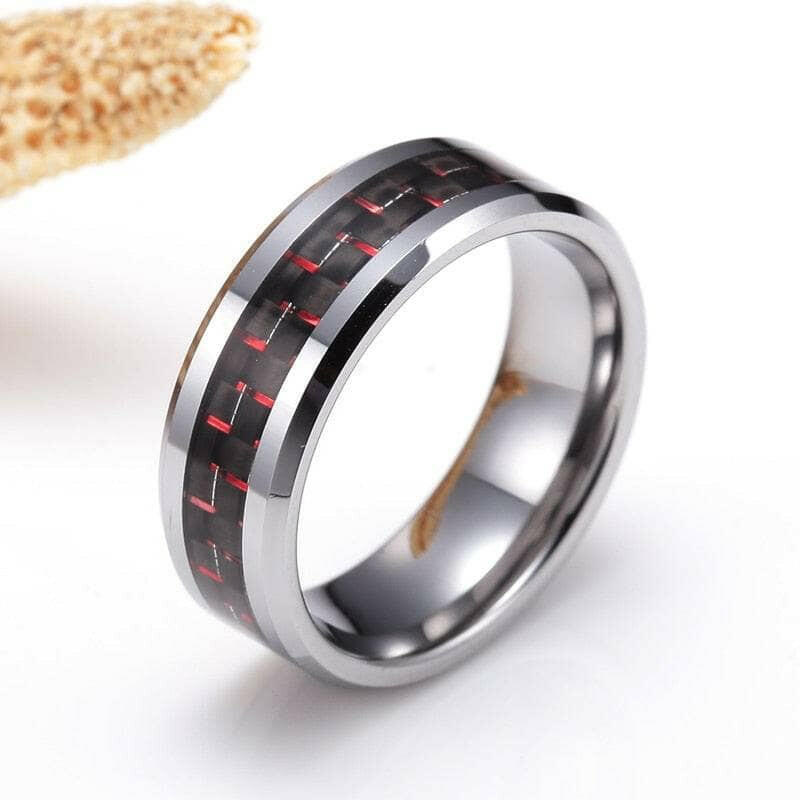 Beveled Edge Tungsten Men's Wedding Band with Woven Pattern Inlay-Evani Jewelry