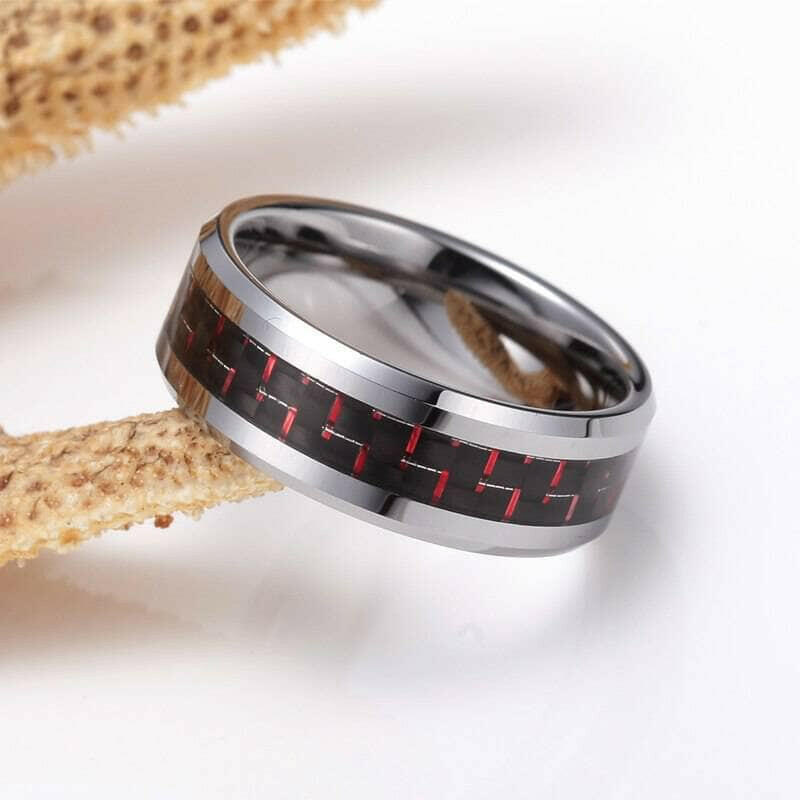 Beveled Edge Tungsten Men's Wedding Band with Woven Pattern Inlay-Evani Jewelry