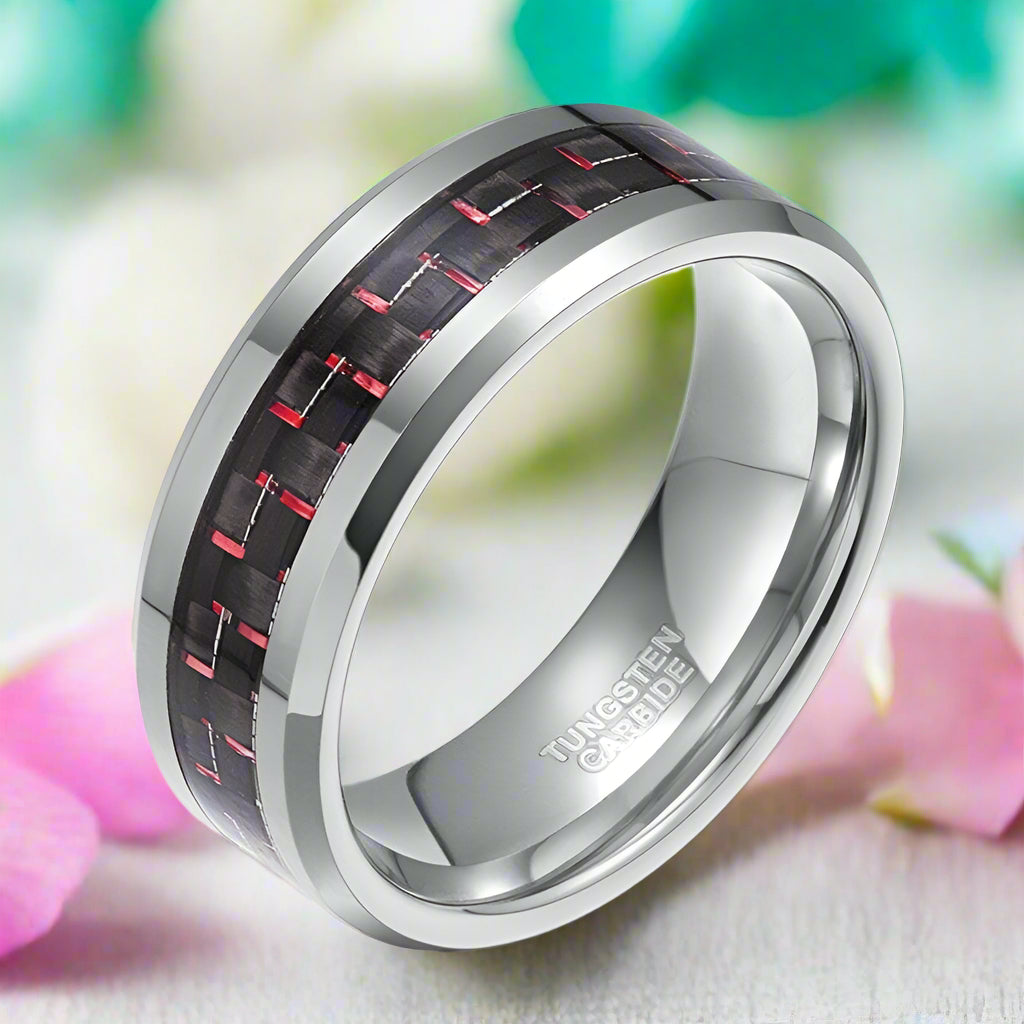 Beveled Edge Tungsten Men's Wedding Band with Woven Pattern Inlay-Evani Jewelry