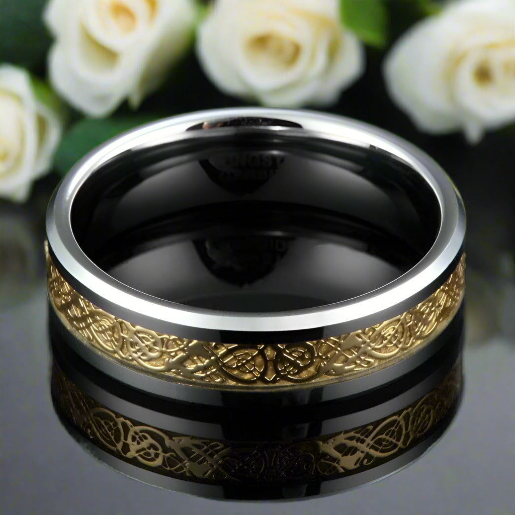 Beveled Edge Tungsten Unisex Wedding Band with Gold Dragon Inlay-Evani Jewelry