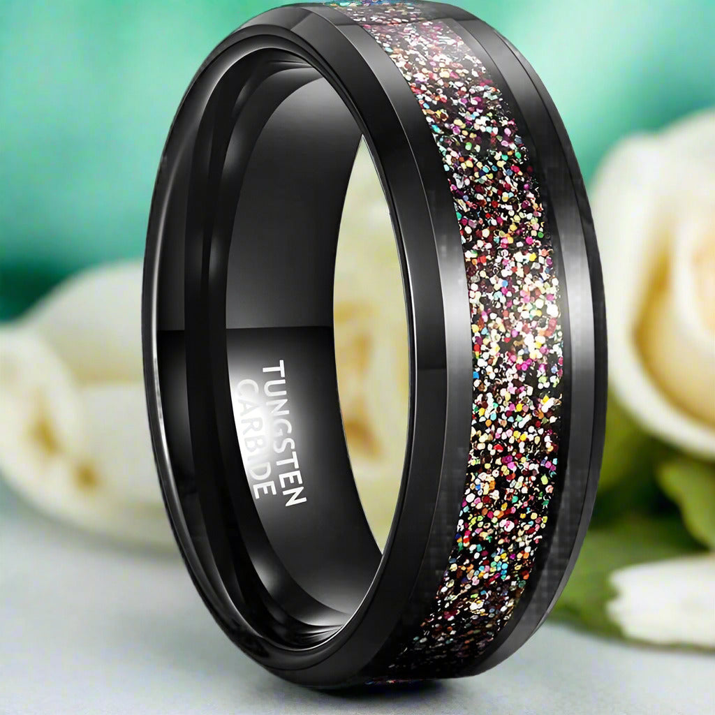 Beveled Edge Tungsten Unisex Wedding Band with Sandstone Inlay-Evani Naomi Jewelry