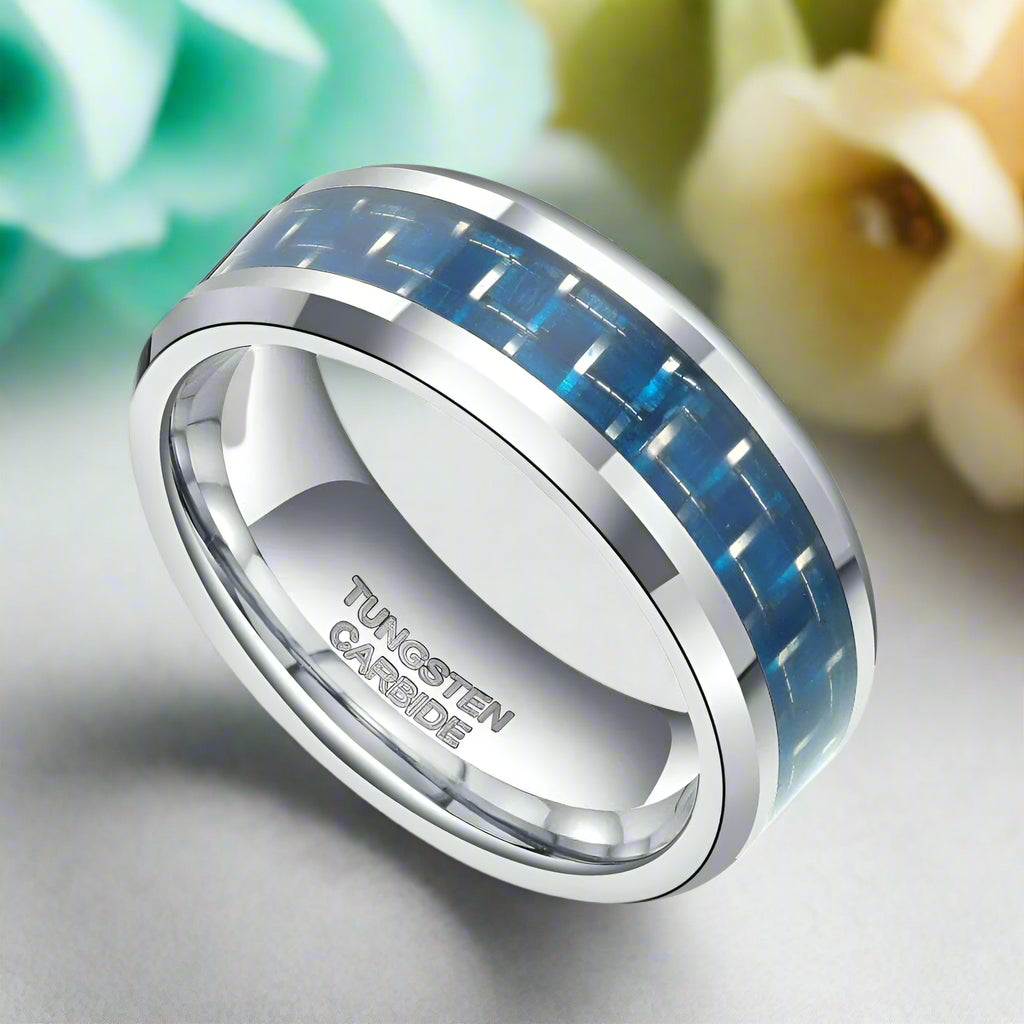 Beveled Edge Unisex Tungsten Wedding Band with Carbon Fiber-Evani Naomi Jewelry