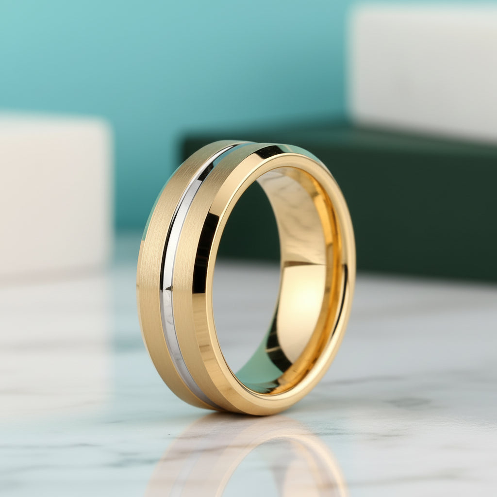 Beveled Edge Yellow Gold Tungsten Men's Wedding Band-Evani Jewelry