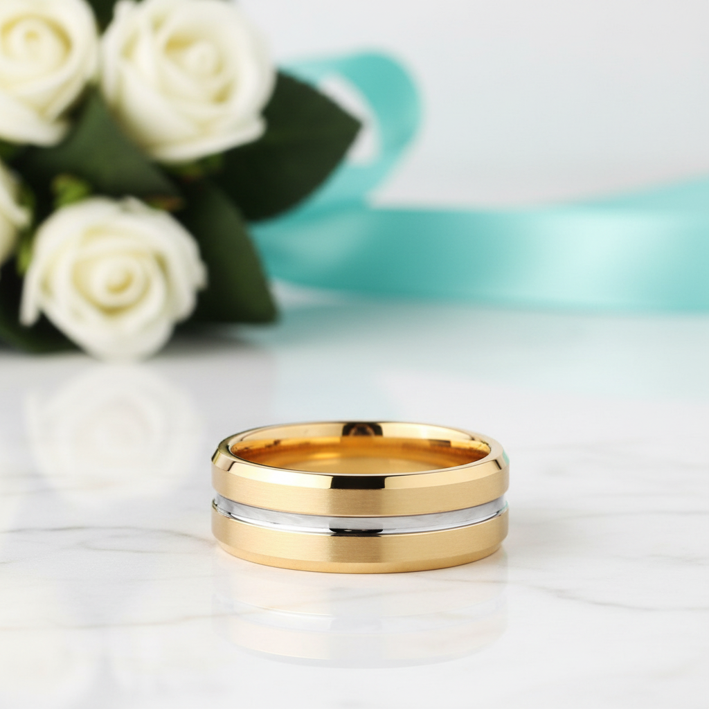 Beveled Edge Yellow Gold Tungsten Men's Wedding Band - Evani Naomi Jewelry