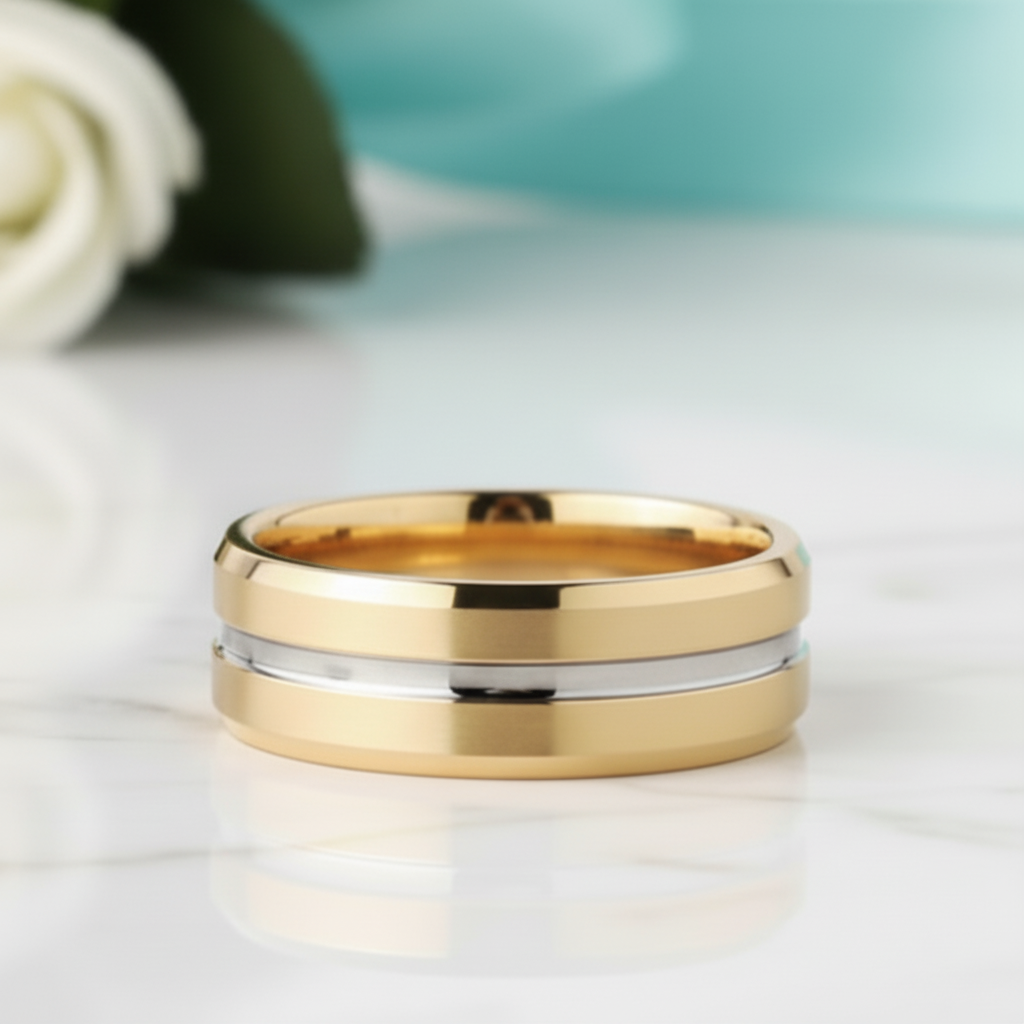 Beveled Edge Yellow Gold Tungsten Men's Wedding Band