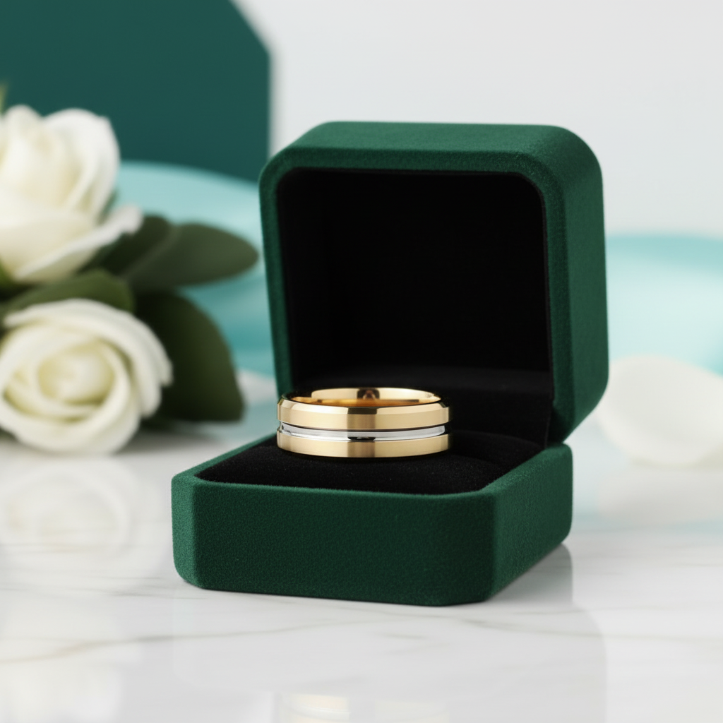 Beveled Edge Yellow Gold Tungsten Men's Wedding Band - Evani Naomi Jewelry