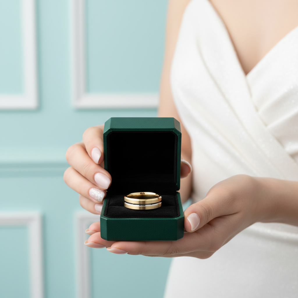 Beveled Edge Yellow Gold Tungsten Men's Wedding Band - Evani Naomi Jewelry