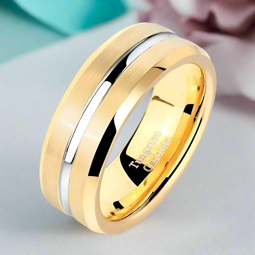Beveled Edge Yellow Gold Tungsten Men's Wedding Band-Evani Naomi Jewelry
