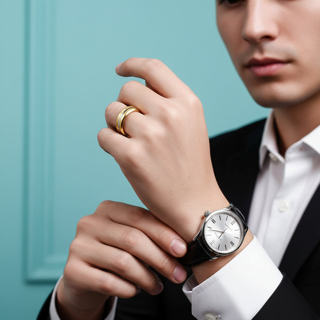 Beveled Edge Yellow Gold Tungsten Men's Wedding Band-Evani Jewelry