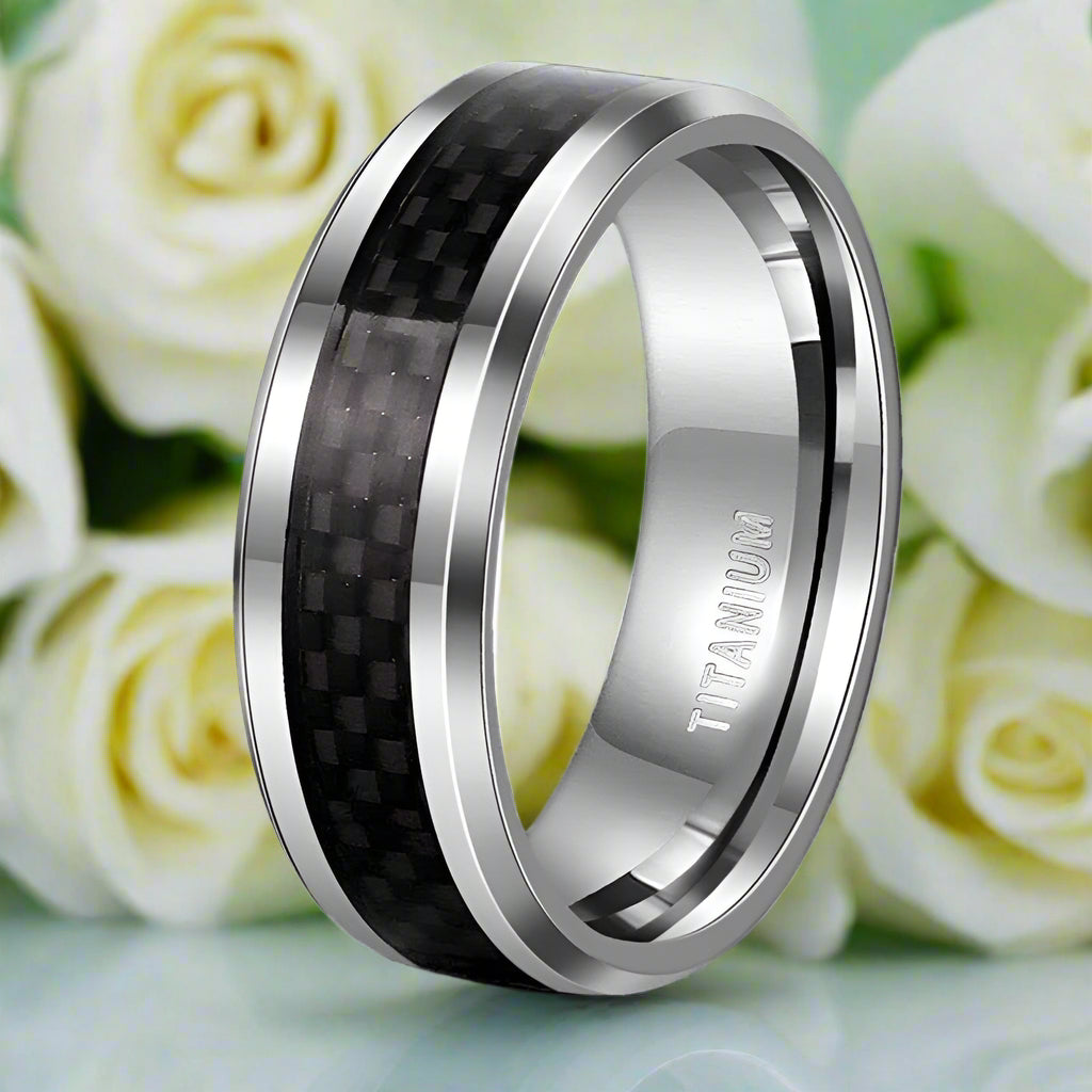 Beveled Titanium Men's Wedding Band with Black Carbon-Evani Jewelry