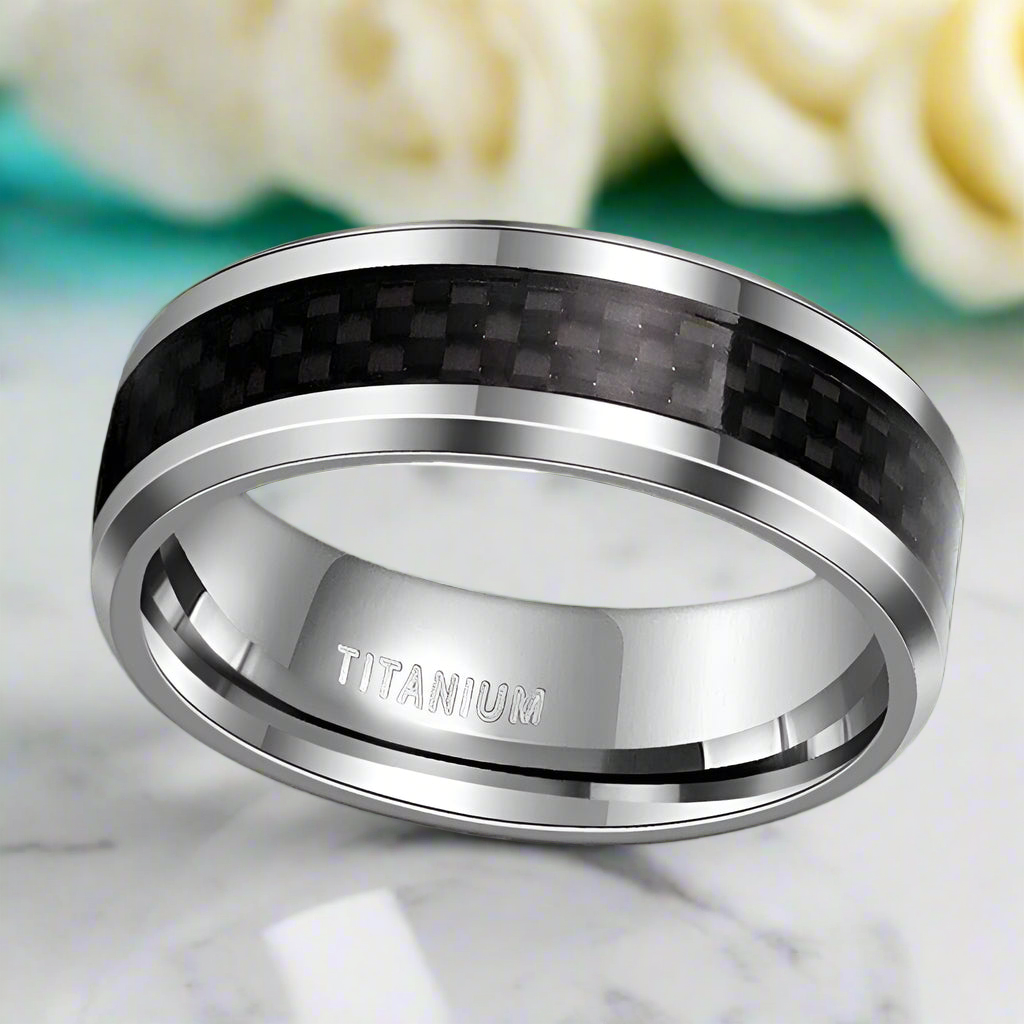 Beveled Titanium Men's Wedding Band with Black Carbon - Evani Naomi Jewelry