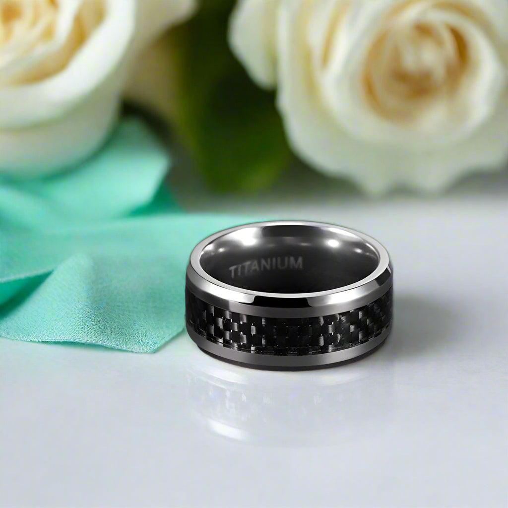 Beveled Titanium Men's Wedding Band with Black Carbon-Evani Naomi Jewelry