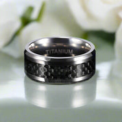 Beveled Titanium Men's Wedding Band with Black Carbon-Evani Naomi Jewelry