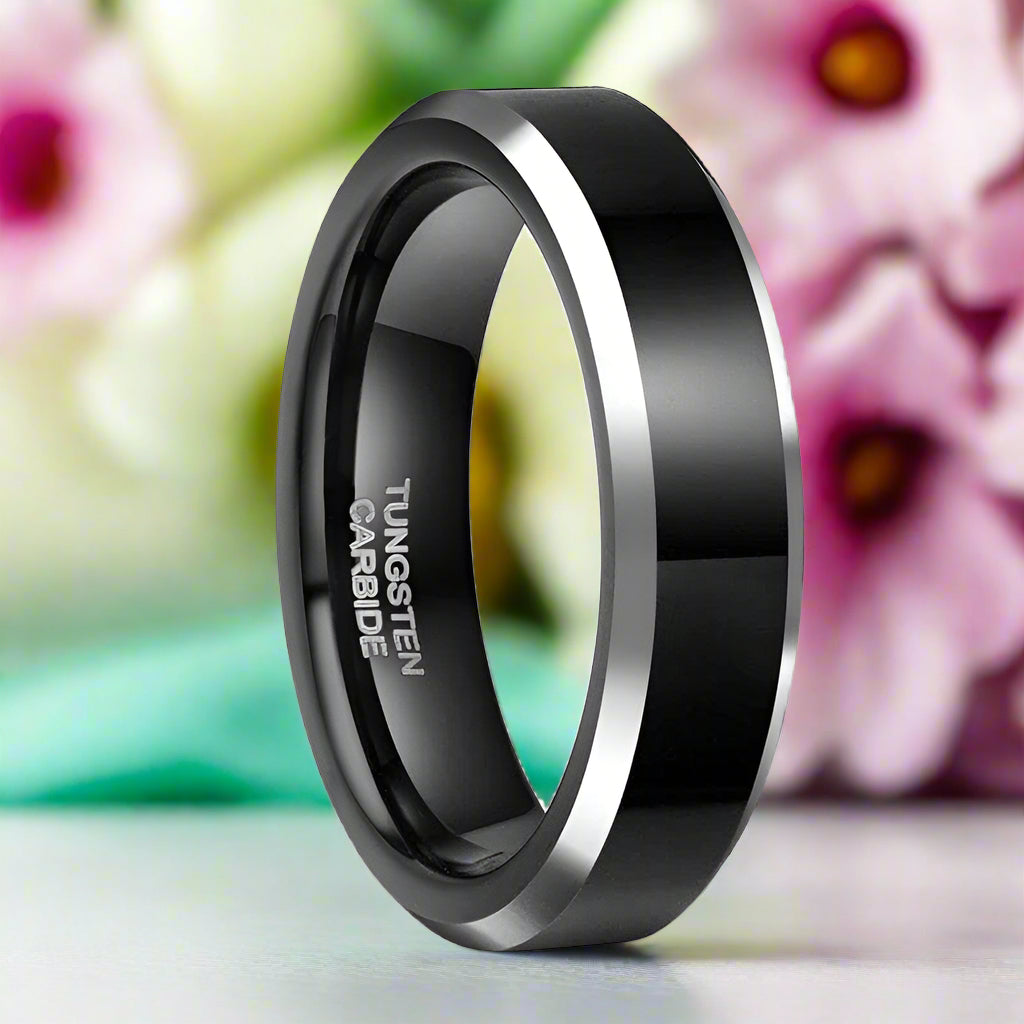 Beveled Unisex Black Tungsten Wedding Band-Evani Naomi Jewelry