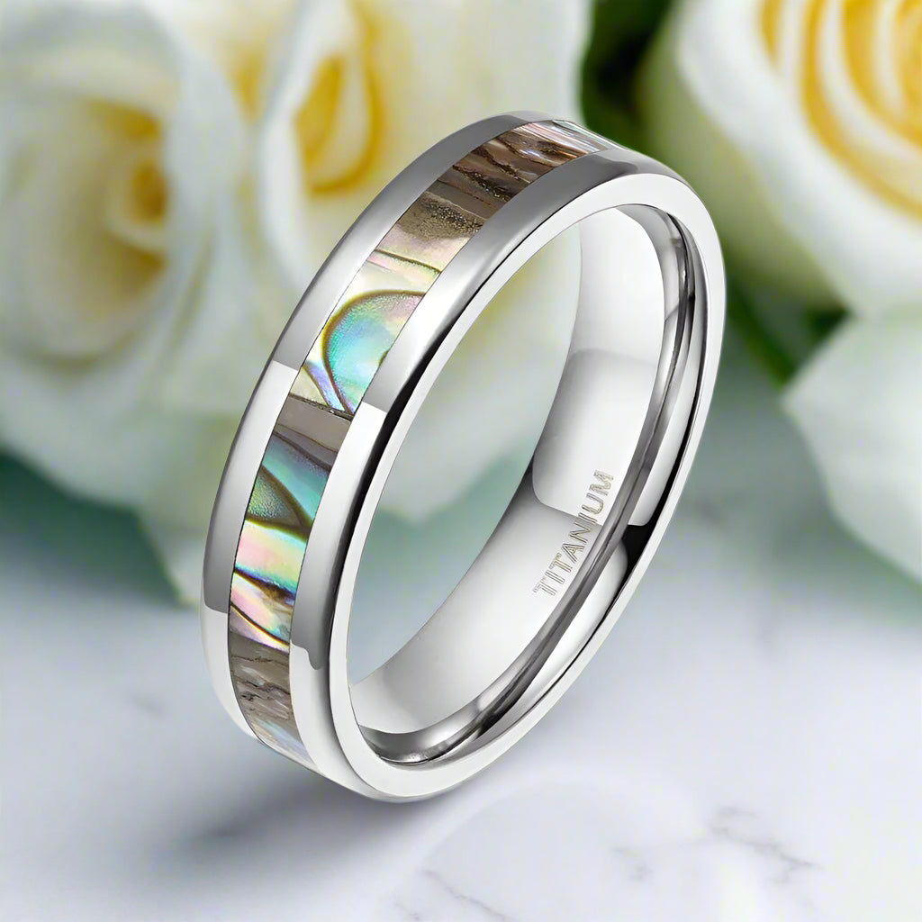 Beveled Unisex Titanium Wedding Band with Abalone Shell Inlay-Evani Naomi Jewelry