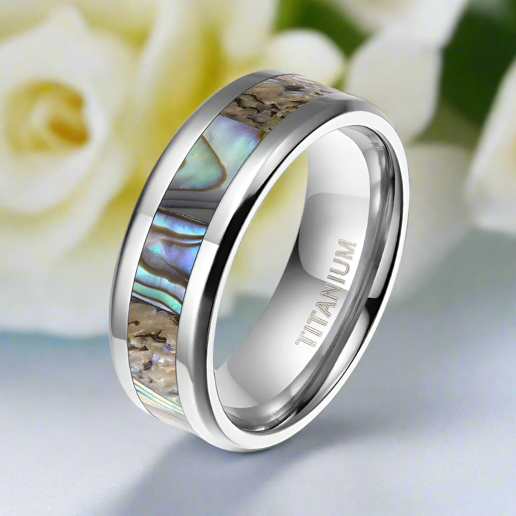 Beveled Unisex Titanium Wedding Band with Abalone Shell Inlay-Evani Naomi Jewelry