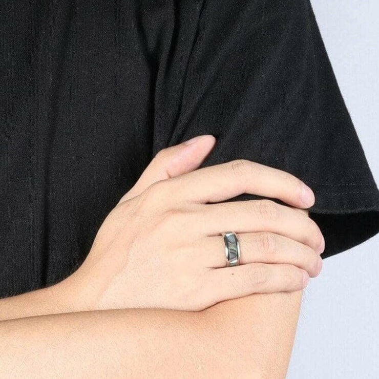 Beveled Unisex Titanium Wedding Band with Abalone Shell Inlay-Evani Naomi Jewelry