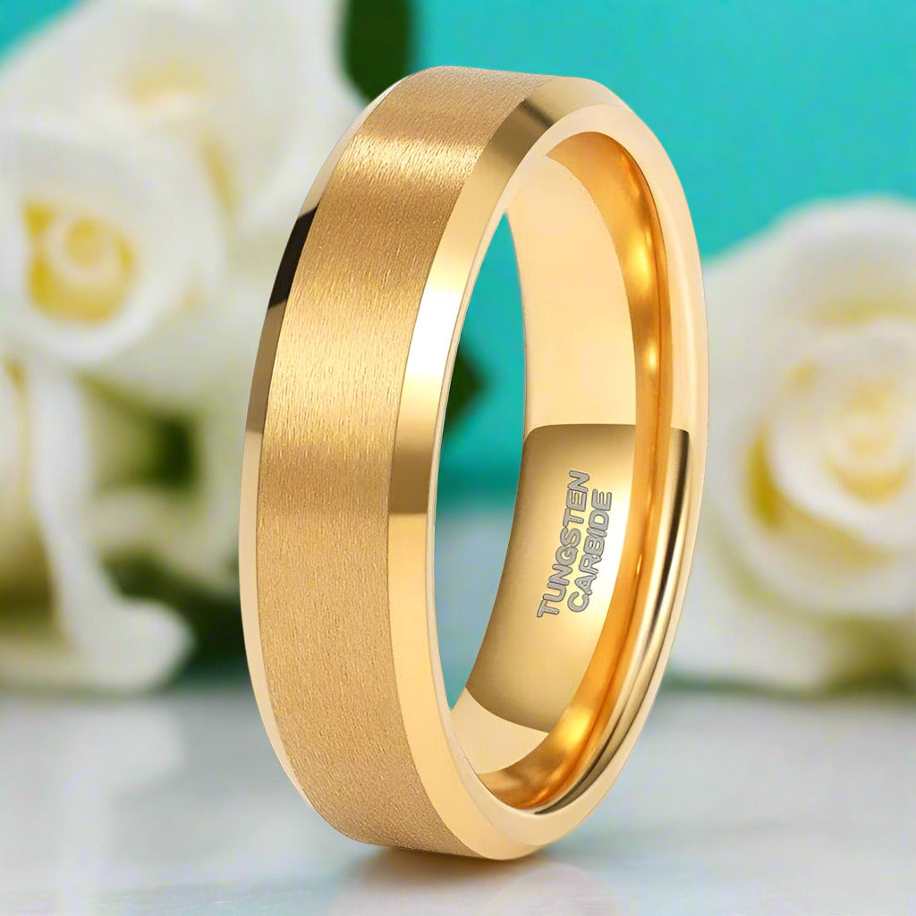 Beveled Yellow Gold Tungsten Wedding Band-Evani Naomi Jewelry