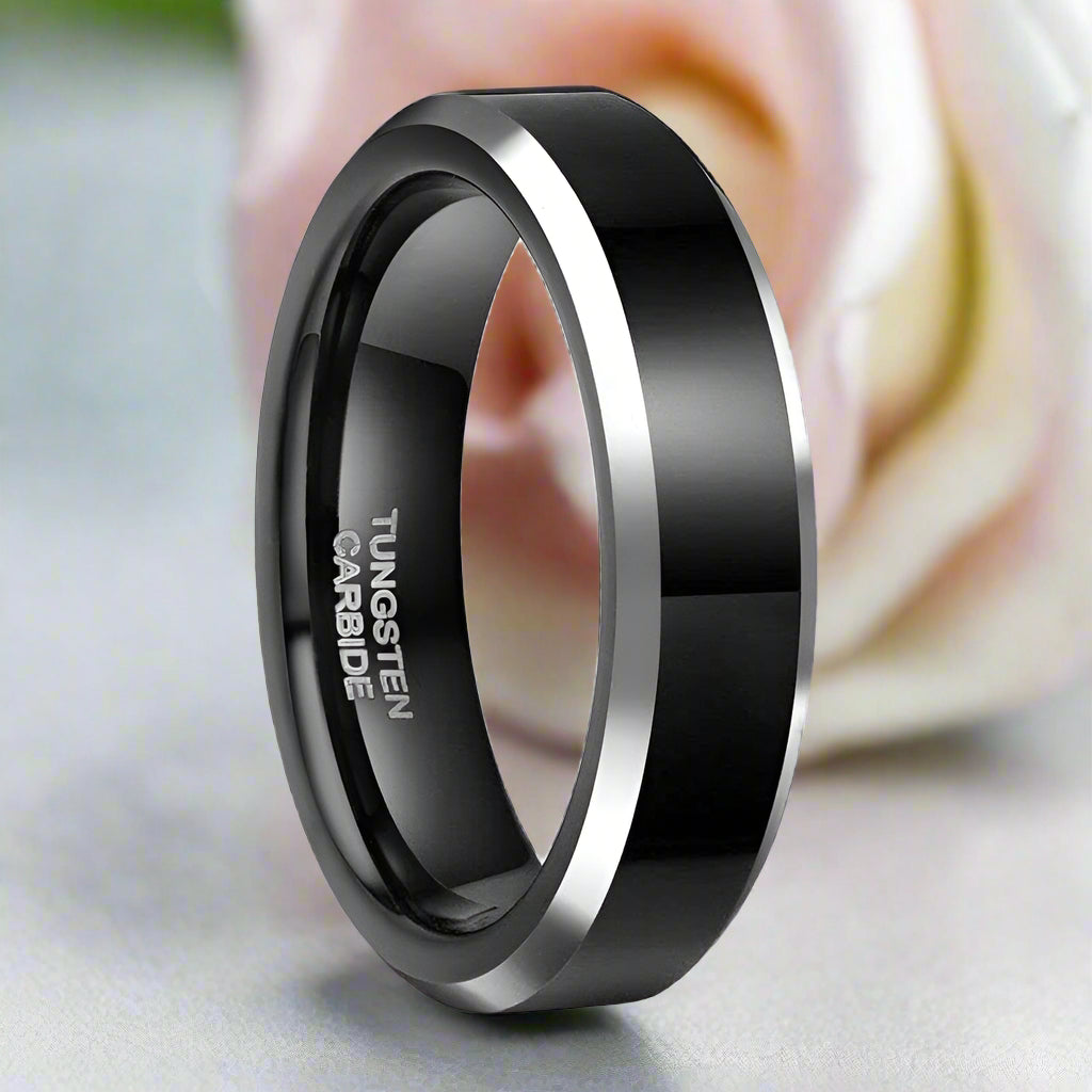 Black Beveled Edge Tungsten Men's Wedding Band-Evani Jewelry