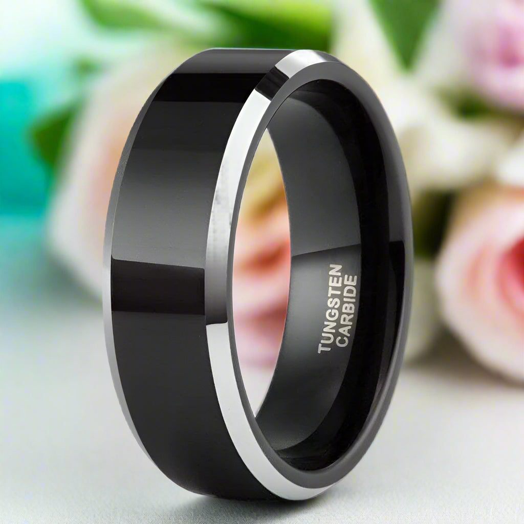 Black Beveled Edge Tungsten Men's Wedding Band-Evani Naomi Jewelry