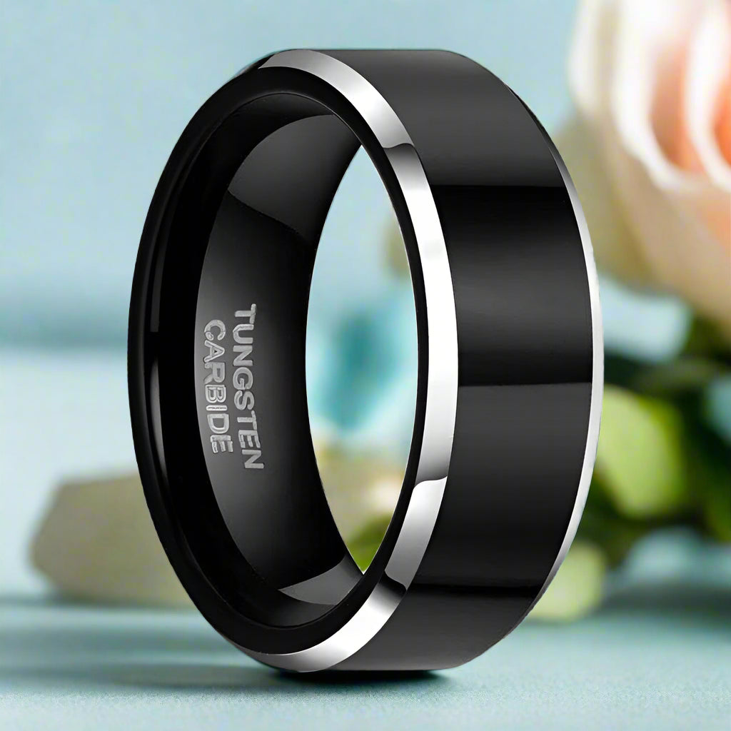 Black Beveled Edge Tungsten Men's Wedding Band-Evani Naomi Jewelry