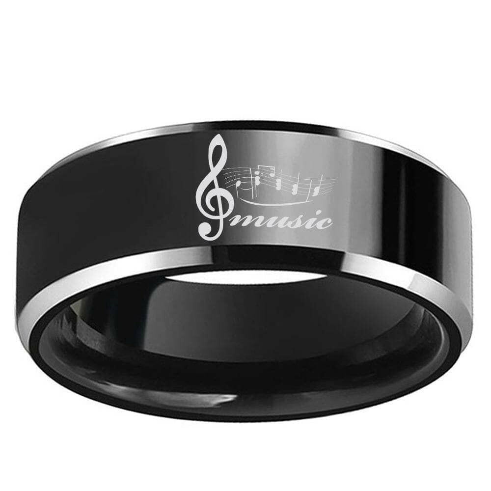 Black Beveled Edge Tungsten Wedding Band with Musical Note-Evani Naomi Jewelry