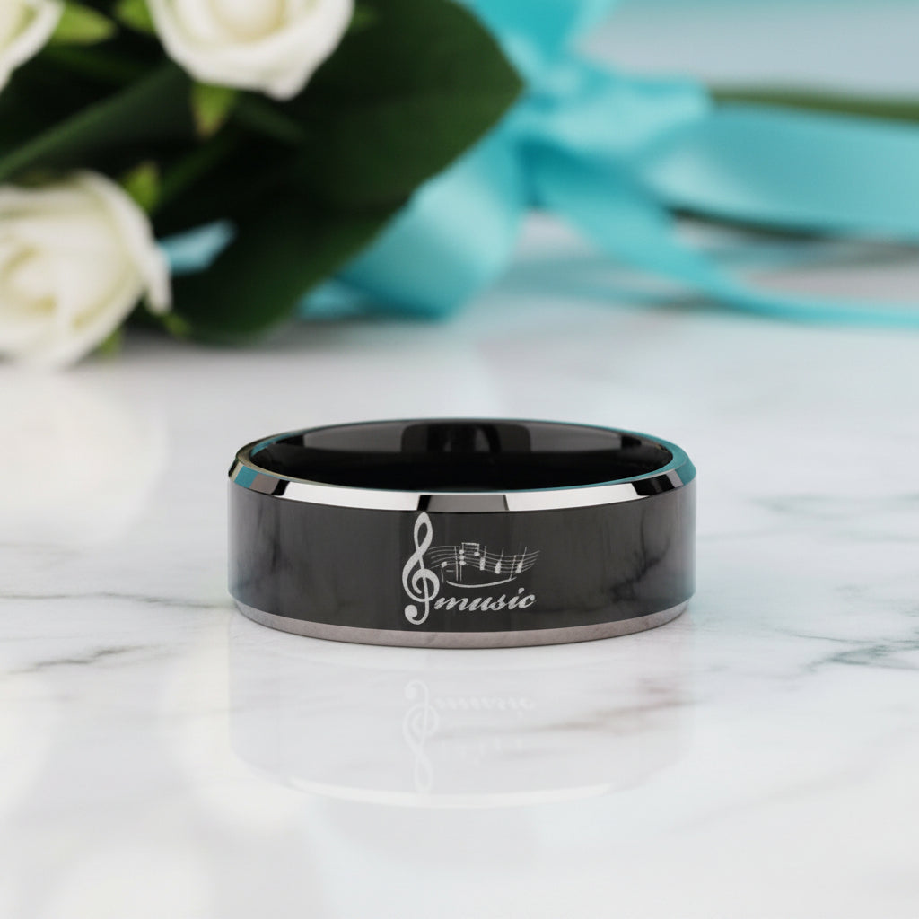 Black Beveled Edge Tungsten Wedding Band with Musical Note-Evani Jewelry