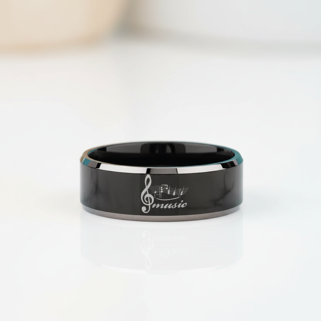 Black Beveled Edge Tungsten Wedding Band with Musical Note - Evani Naomi Jewelry