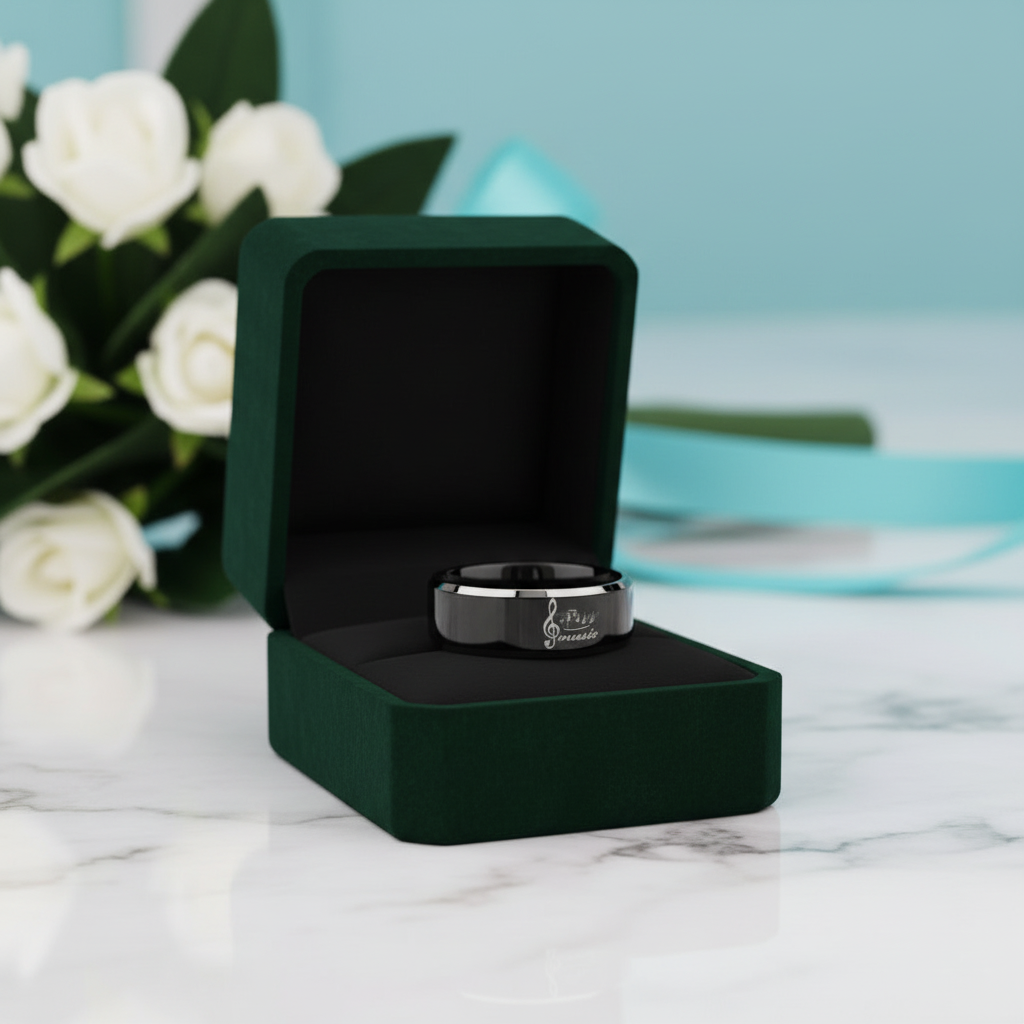 Black Beveled Edge Tungsten Wedding Band with Musical Note - Evani Naomi Jewelry