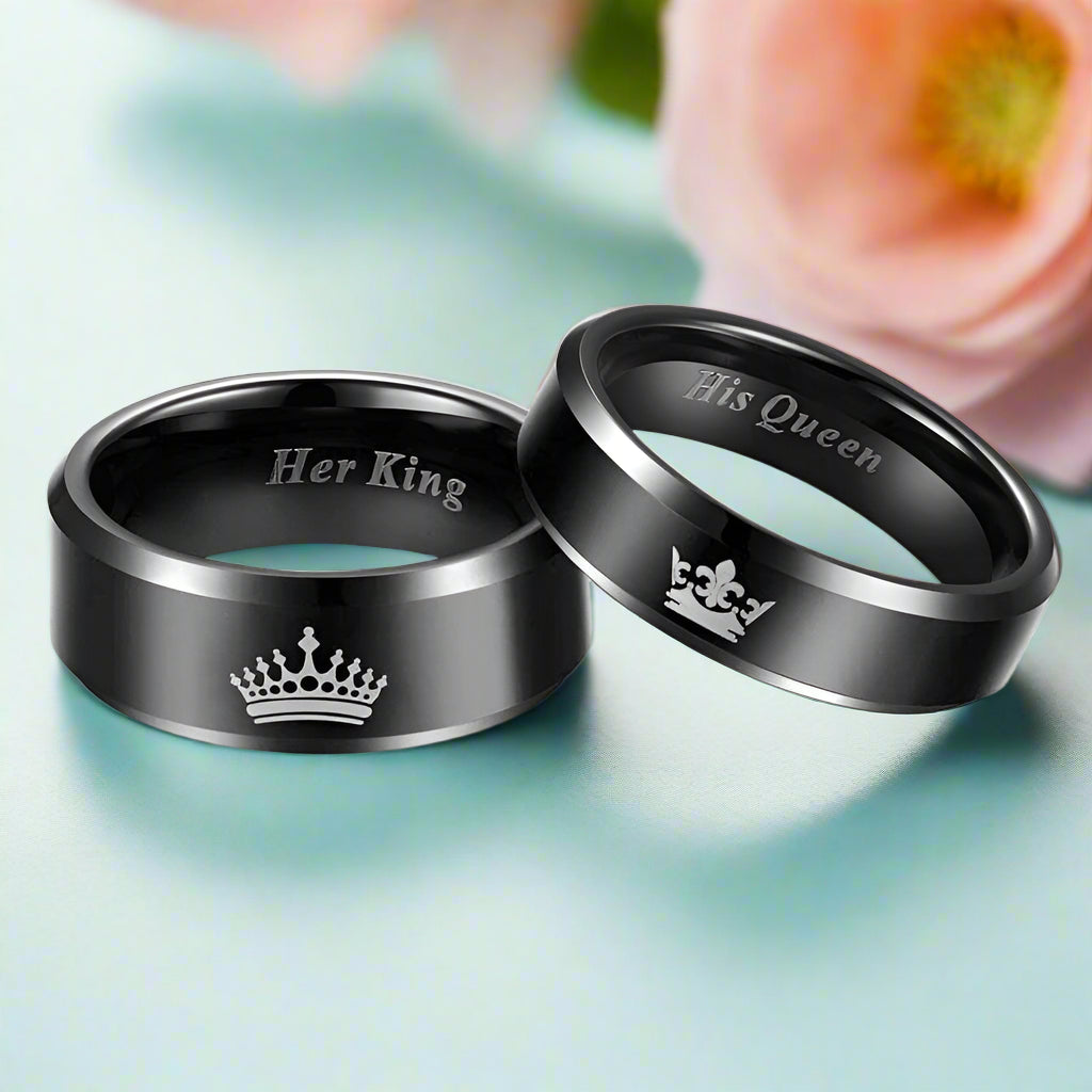 Black Beveled King & Queen Tungsten Wedding Band-Evani Naomi Jewelry
