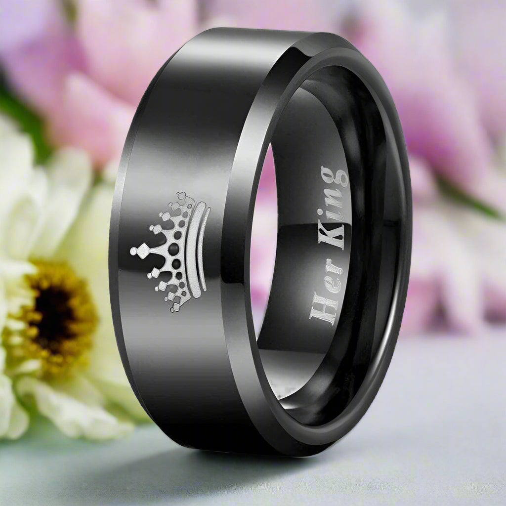 Black Beveled King & Queen Tungsten Wedding Band-Evani Naomi Jewelry