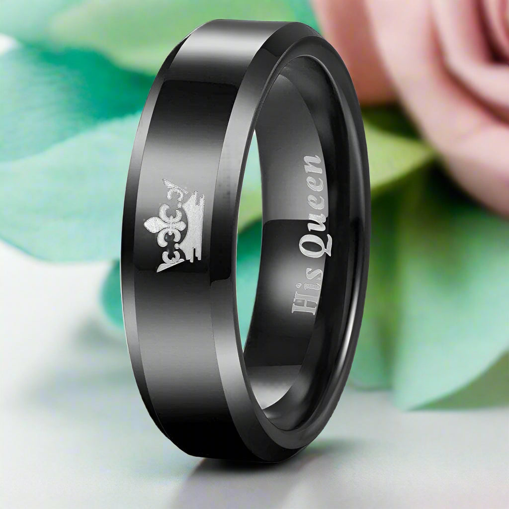 Black Beveled King & Queen Tungsten Wedding Band-Evani Jewelry
