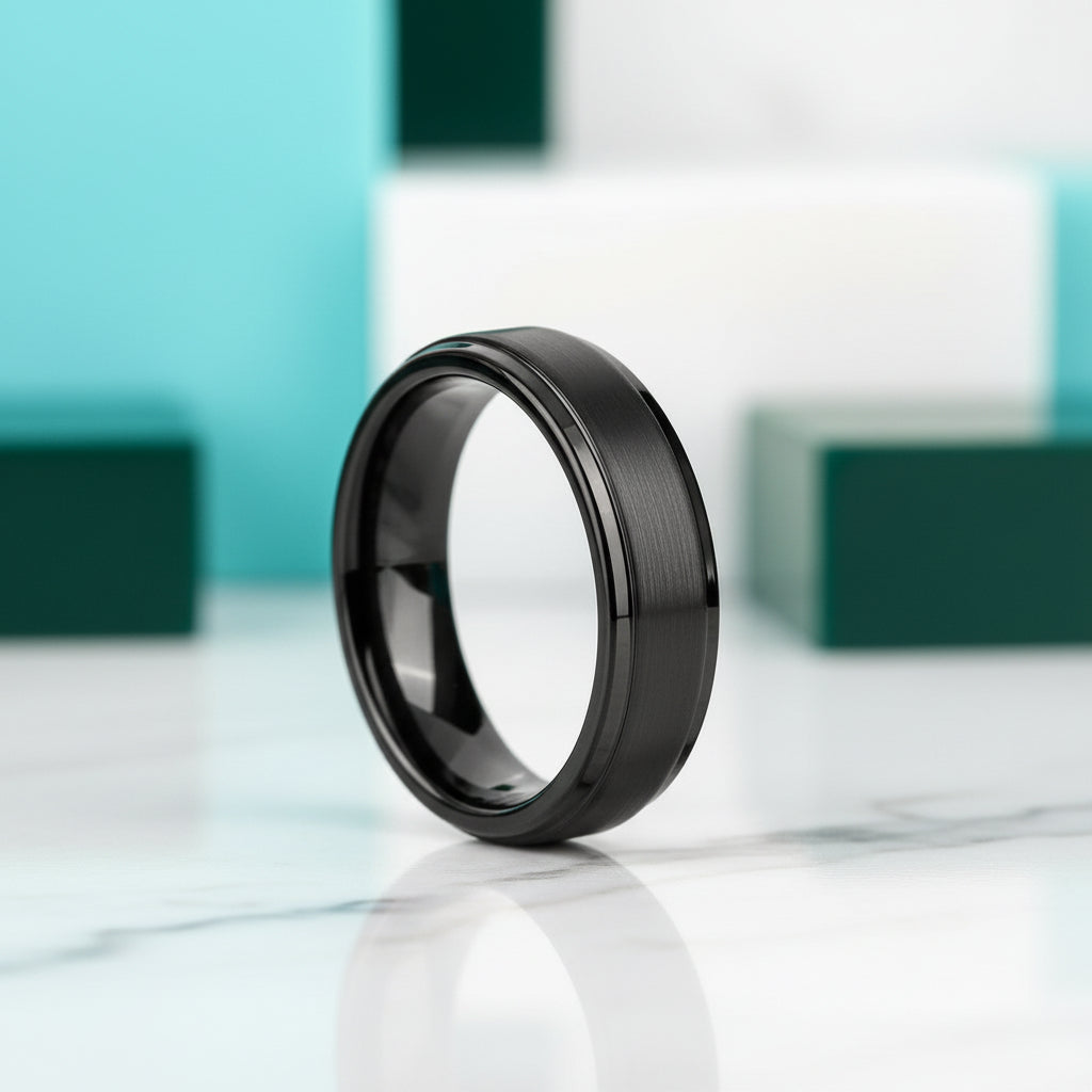 Black Beveled Tungsten Men's Wedding Band-Evani Jewelry