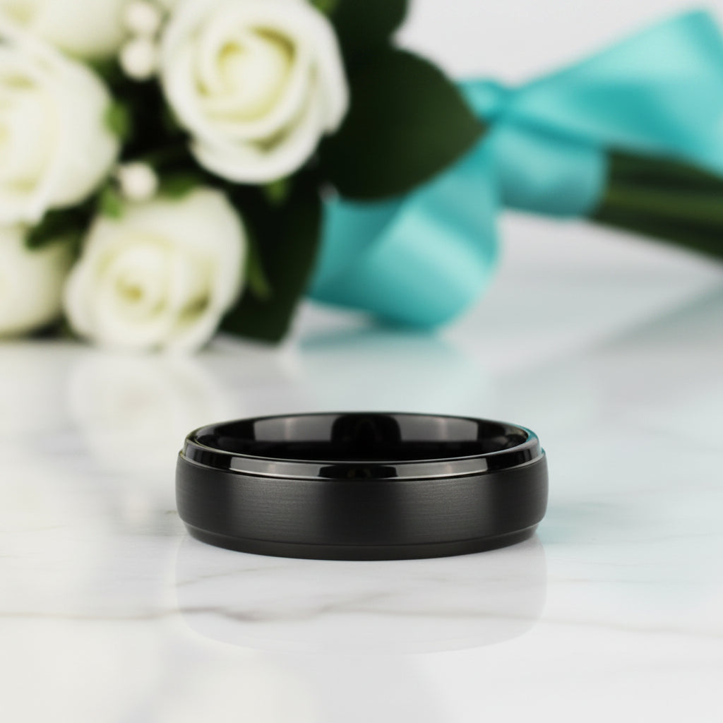 Black Beveled Tungsten Men's Wedding Band-Evani Jewelry