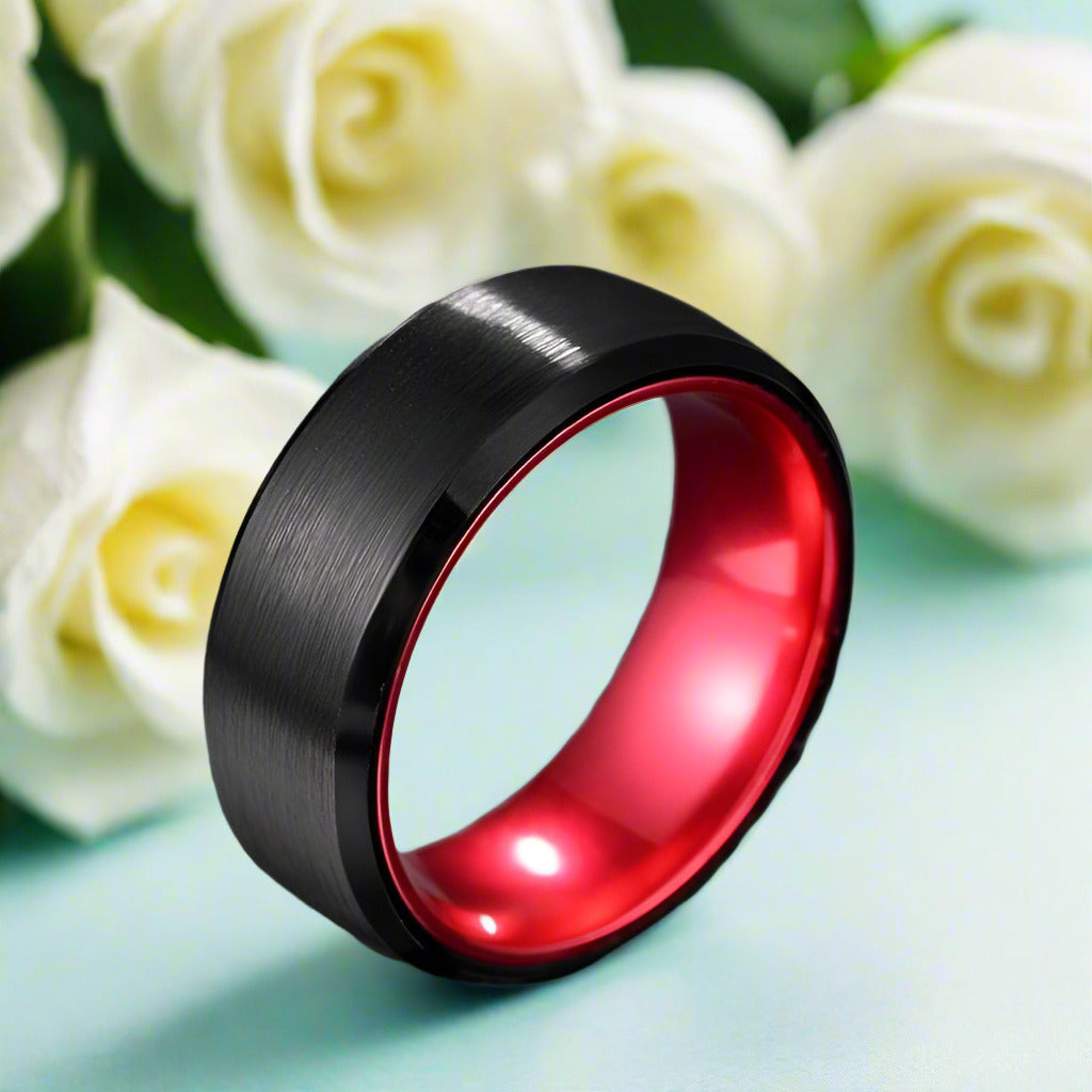 Black Brushed Beveled Edge Tungsten Men's Wedding Band-Evani Naomi Jewelry