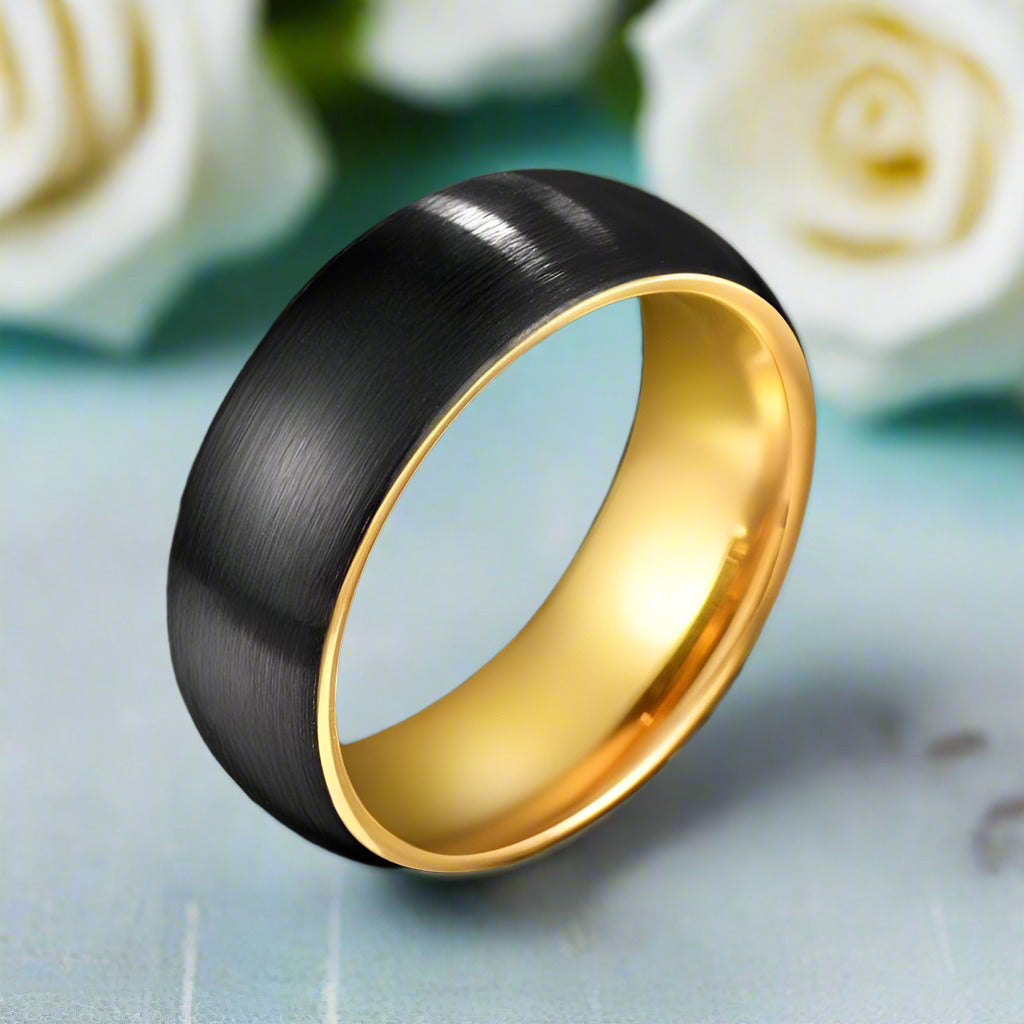 Black Brushed Beveled Edge Tungsten Men's Wedding Band-Evani Naomi Jewelry