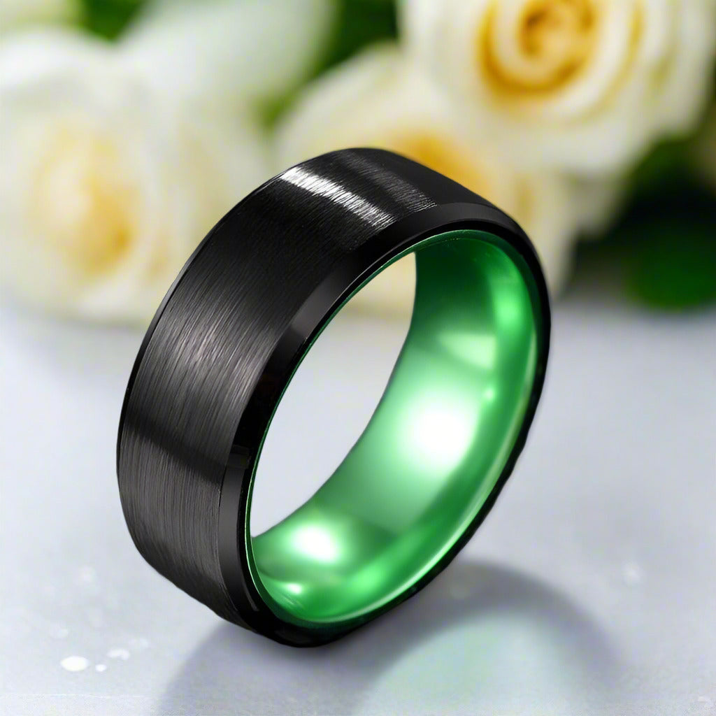 Black Brushed Beveled Edge Tungsten Men's Wedding Band-Evani Naomi Jewelry