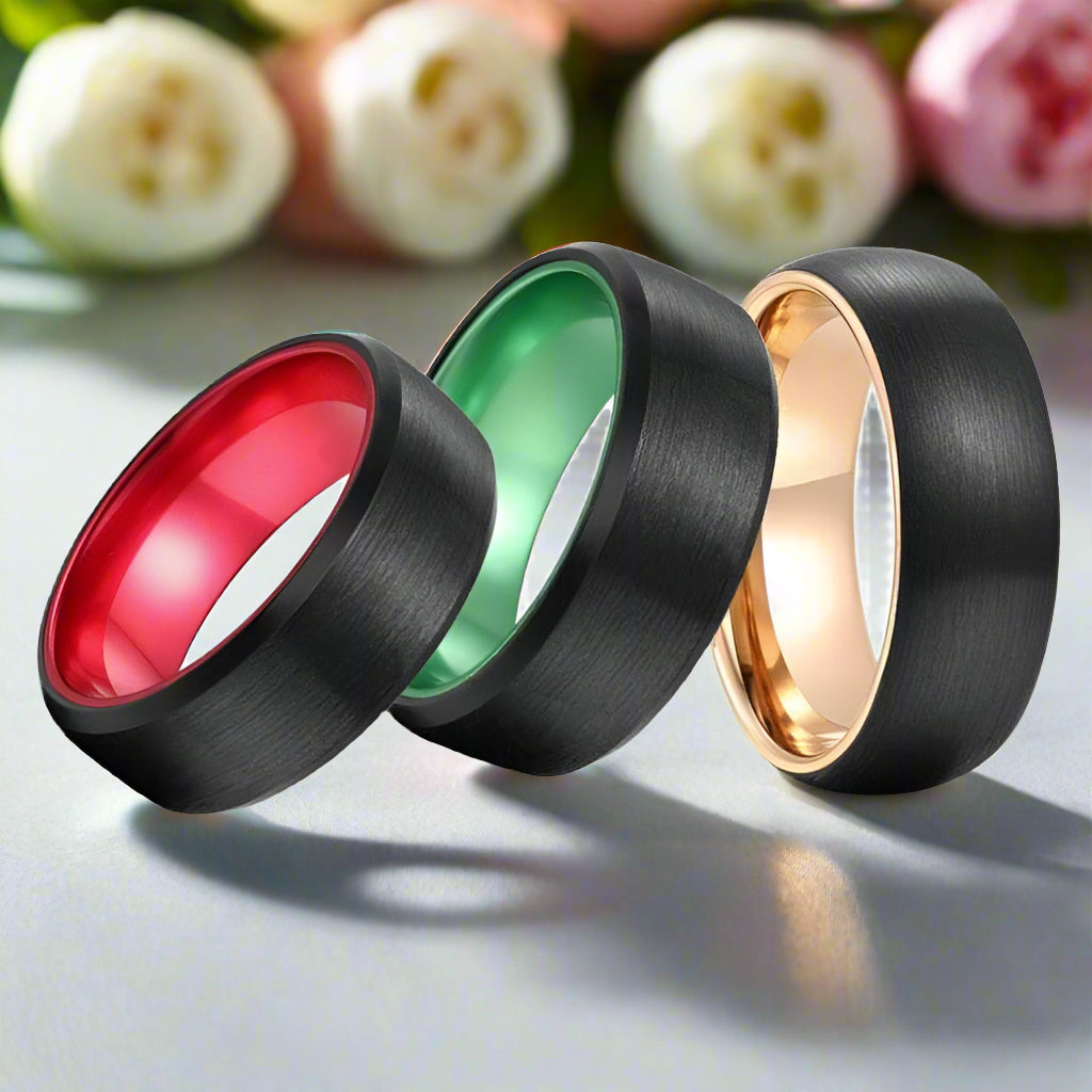 Black Brushed Beveled Edge Tungsten Men's Wedding Band-Evani Naomi Jewelry