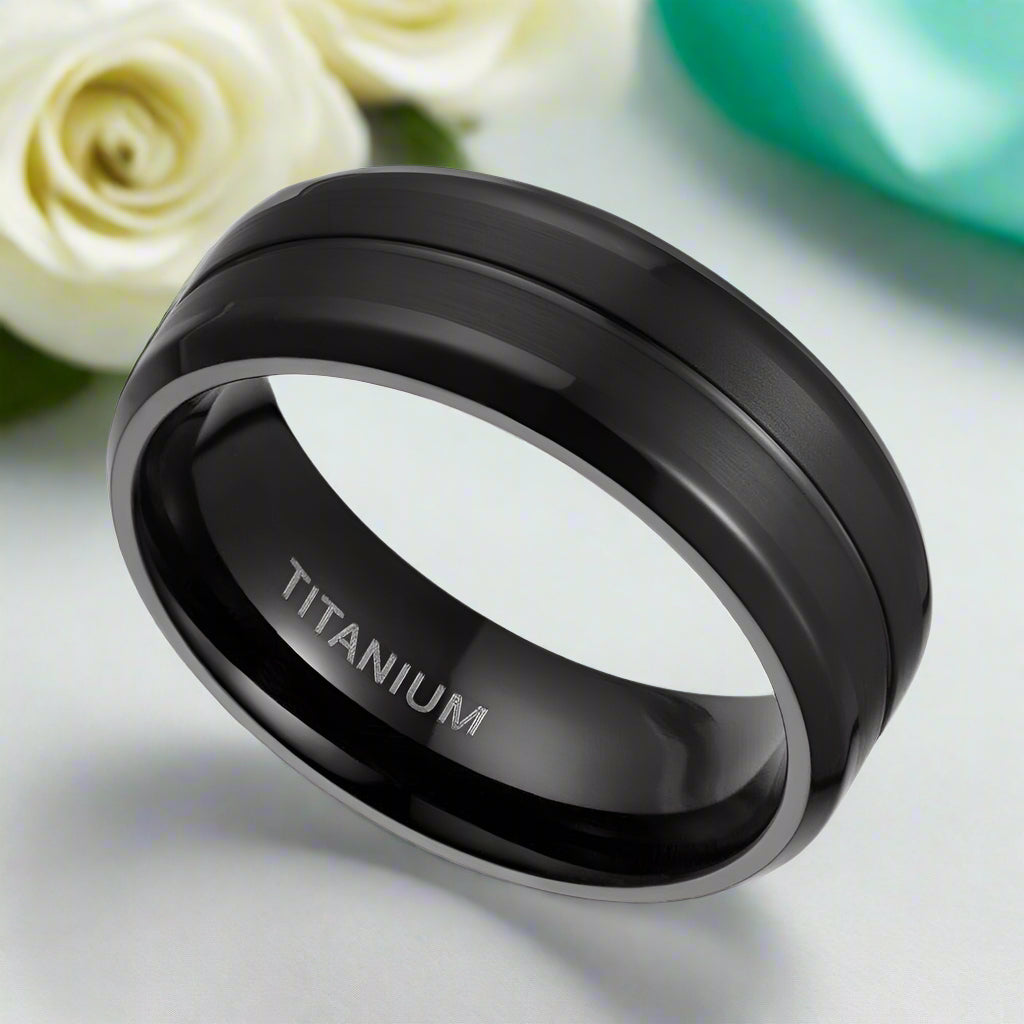 Black Brushed Grooved Titanium Men's Wedding Band-Evani Naomi Jewelry