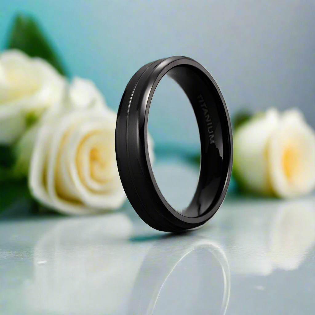 Black Brushed Grooved Titanium Men's Wedding Band-Evani Naomi Jewelry